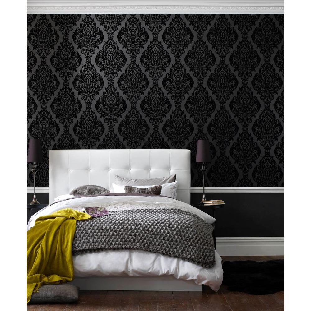 papier peint amovible noir et blanc,chambre,noir,mur,meubles,cadre de lit