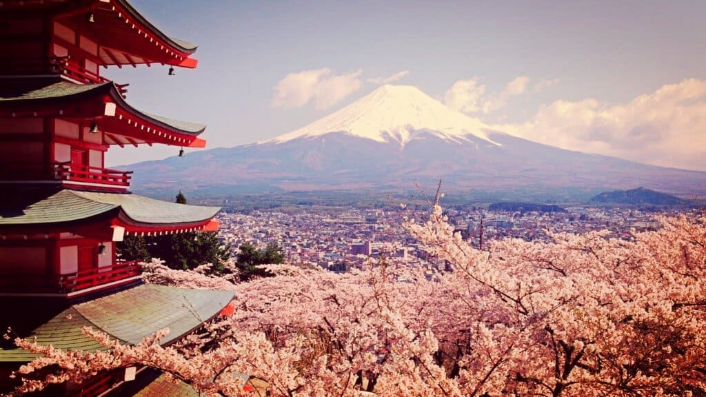 fondo de pantalla japon,flor,arquitectura japonesa,pagoda,flor de cerezo,primavera