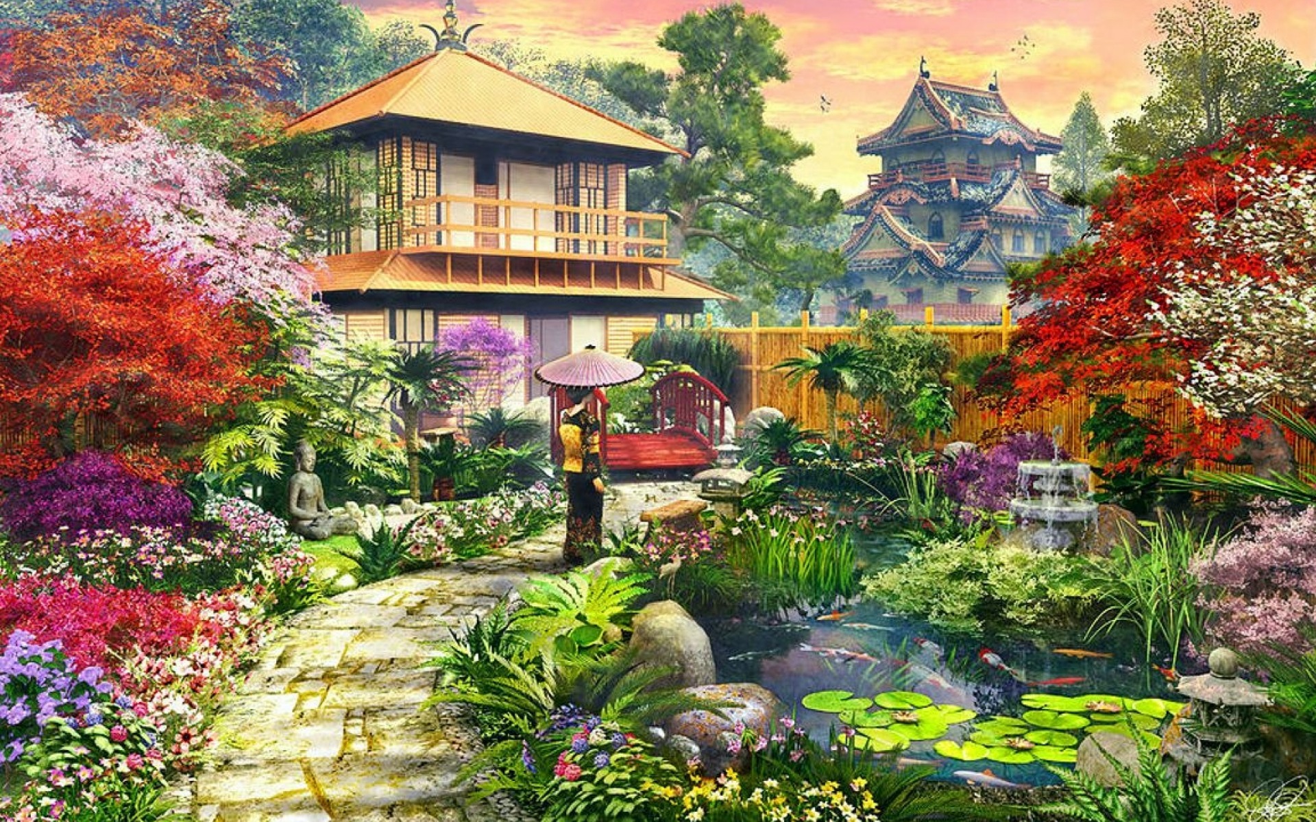 papier peint japon,paysage naturel,la nature,jardin,la peinture,paysage