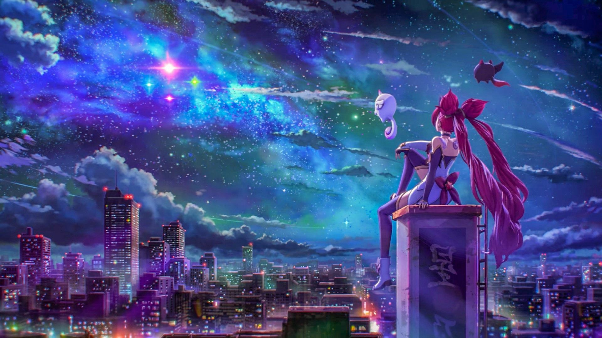 ligue des légendes star guardian fond d'écran,oeuvre de cg,ciel,violet,ville,personnage fictif