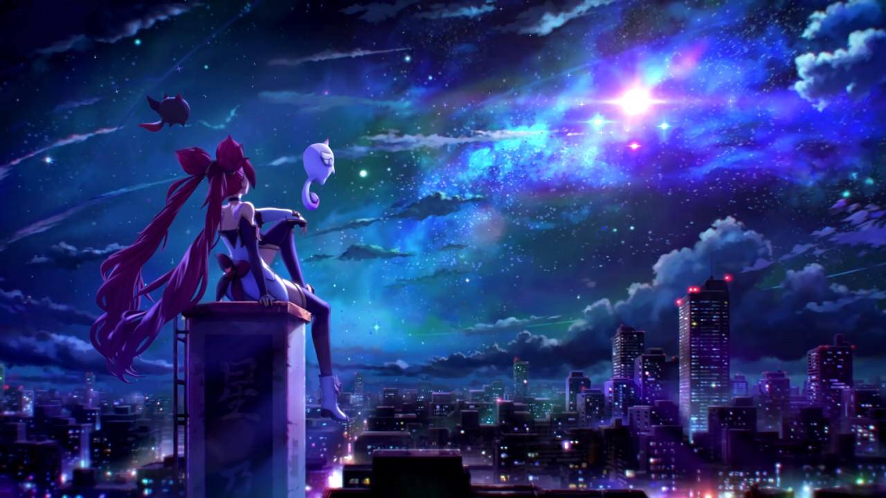 star guardian jinx fondo de pantalla,violeta,púrpura,cielo,ciudad,personaje de ficción