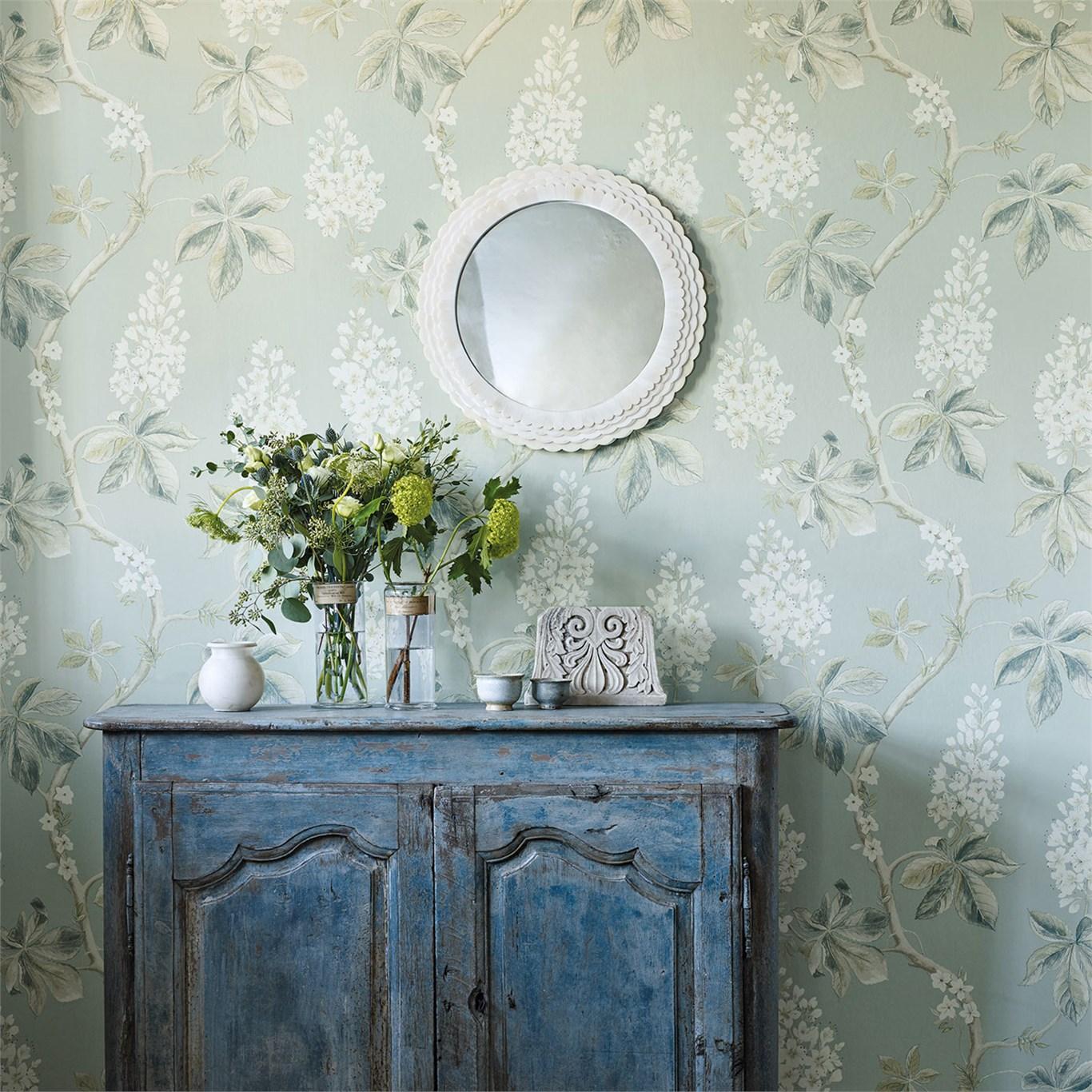 sanderson wallpaper clearance,blue,wall,wallpaper,room,mirror (569163
