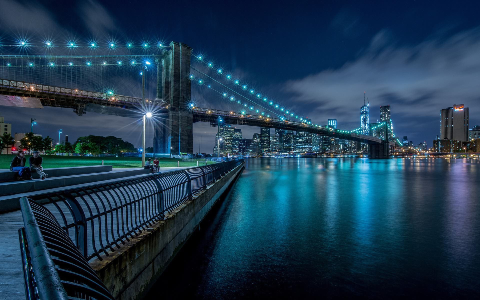 ブルックリン橋の壁紙,首都圏,ブリッジ,都市の景観,夜,青い