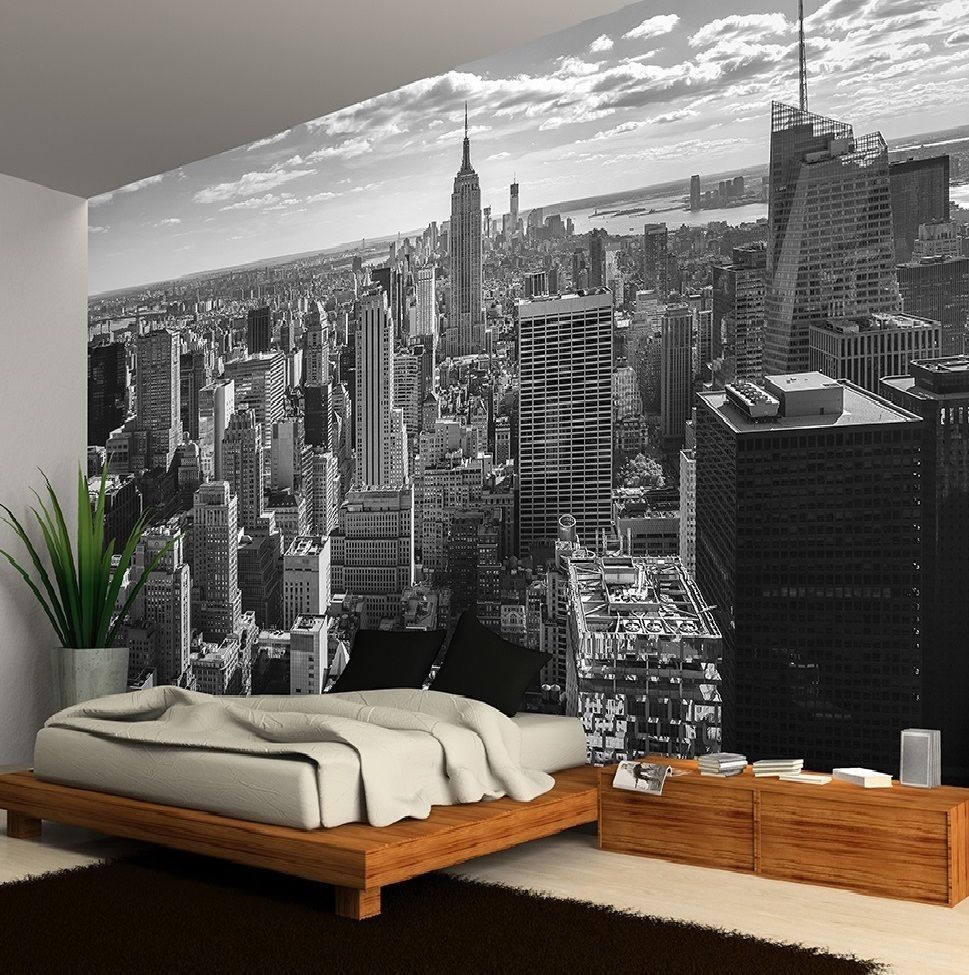 fond d'écran paysage urbain noir et blanc,mur,horizon,chambre,mural,fond d'écran