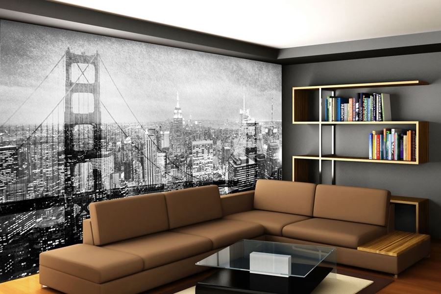 cityscape wallpaper black and white,living room,room,furniture,interior design,couch