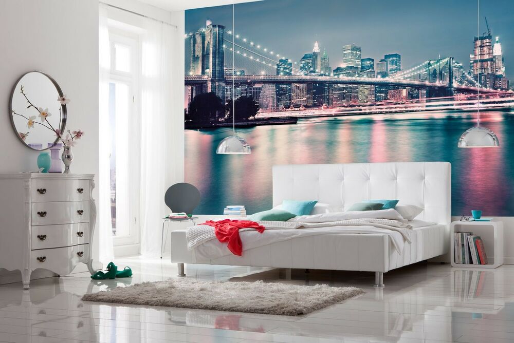 new york skyline wallpaper for bedroom,room,furniture,bedroom,interior design,wall