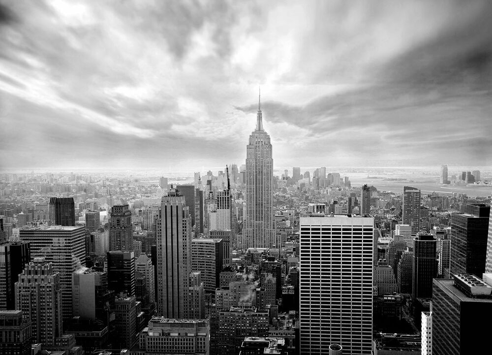 new york skyline wallpaper in bianco e nero,città,paesaggio urbano,area metropolitana,area urbana,grattacielo