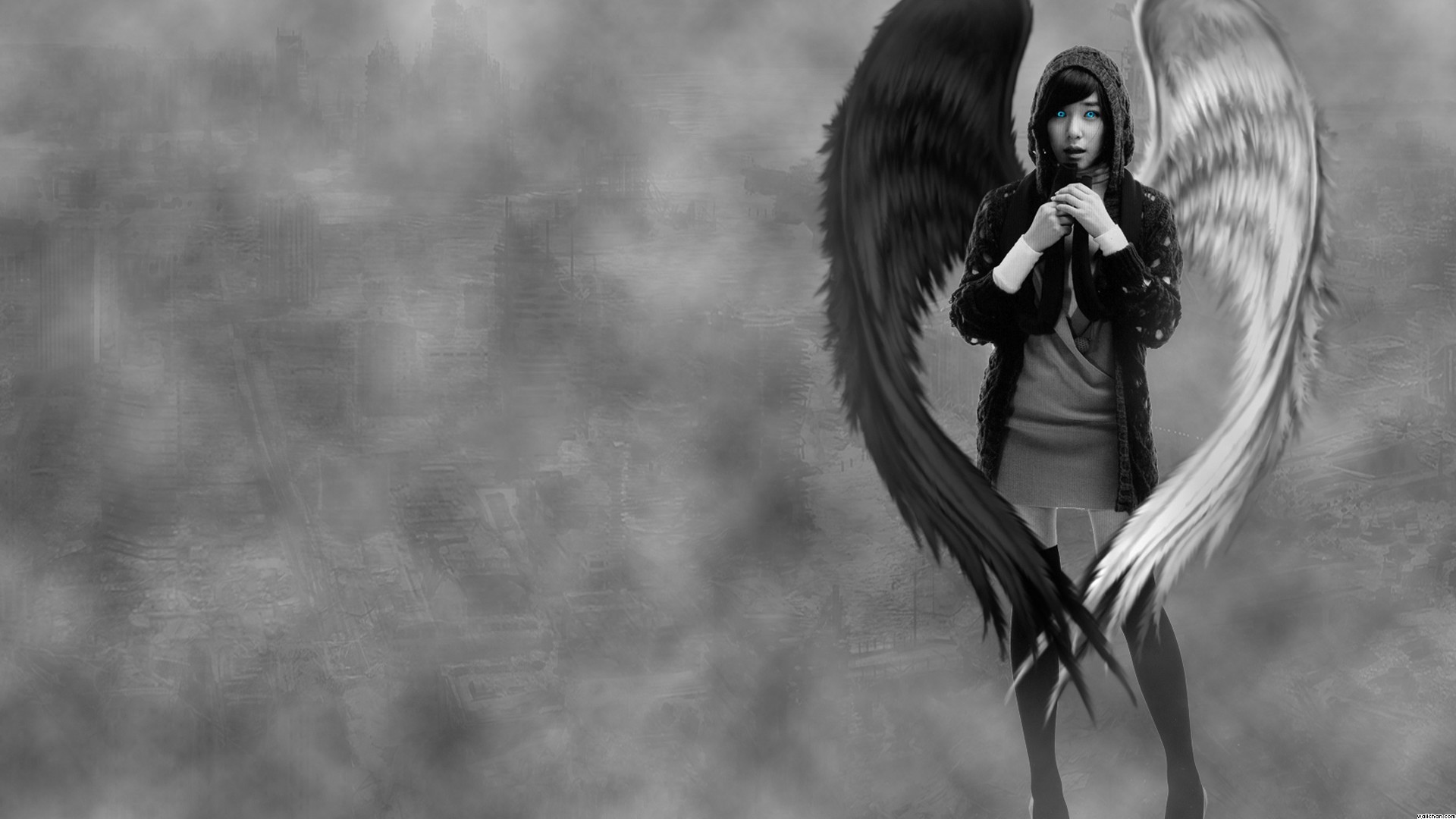 sad boy wallpaper hd full size,angel,monochrome,black and white,cg artwork,long hair