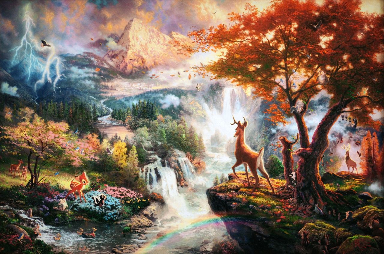 thomas kinkade disney wallpaper,natural landscape,nature,painting,mythology,sky
