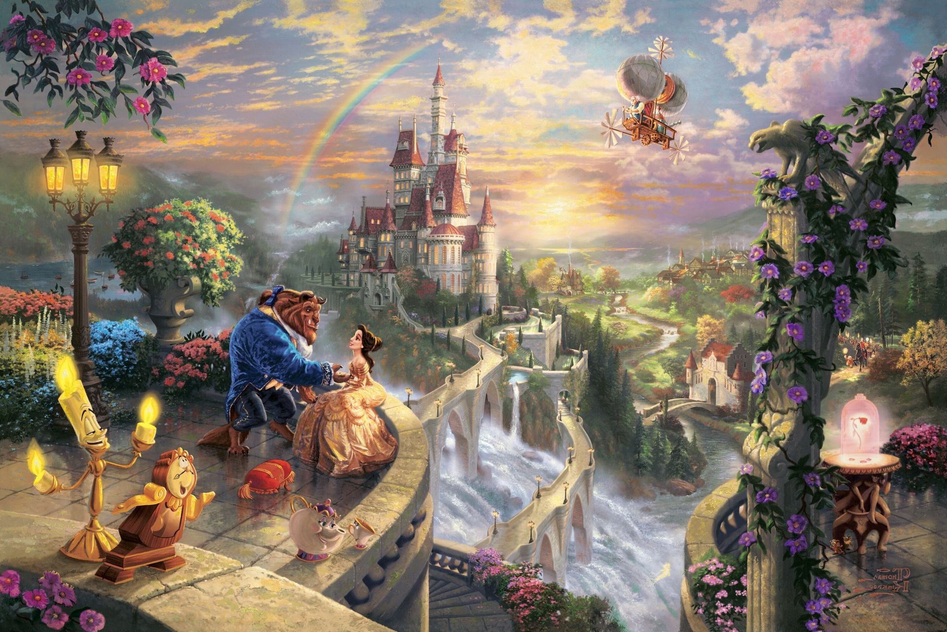 thomas kinkade disney wallpaper,painting,sky,art,mythology,watercolor paint