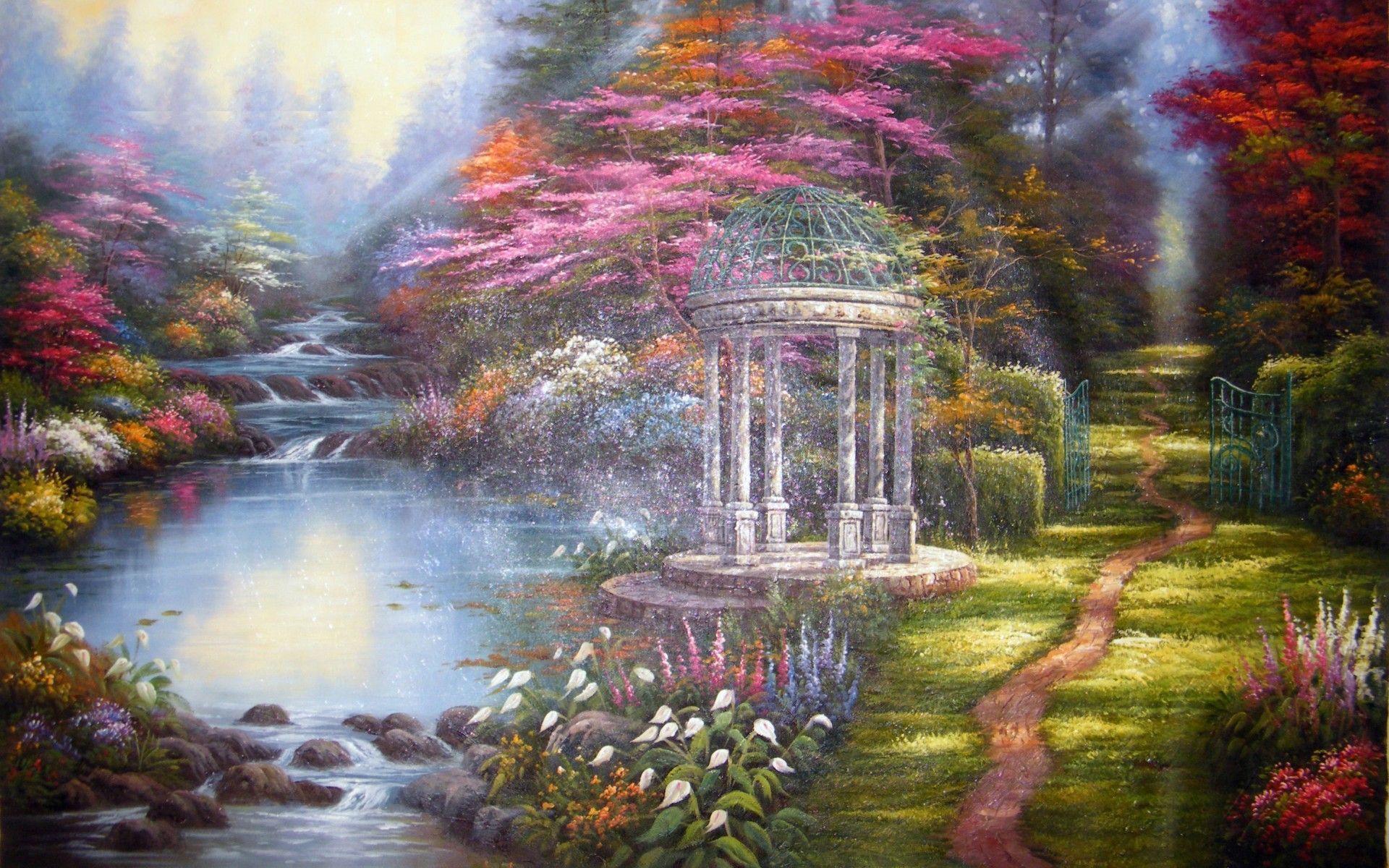 thomas kinkade disney wallpaper,nature,natural landscape,painting,tree,reflection