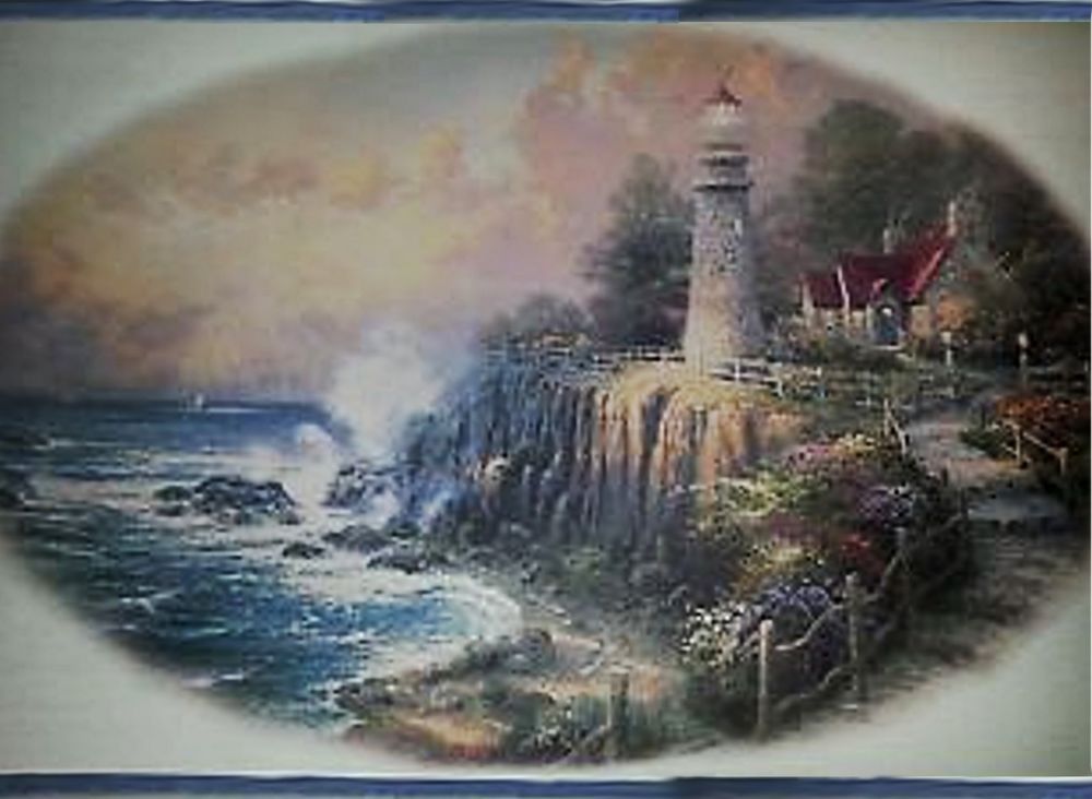 thomas kinkade wallpaper border,painting,lighthouse,tower,art,watercolor paint
