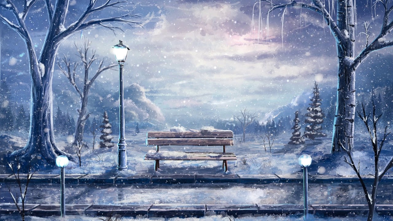 anime winter wallpaper,sky,natural landscape,watercolor paint,winter,tree