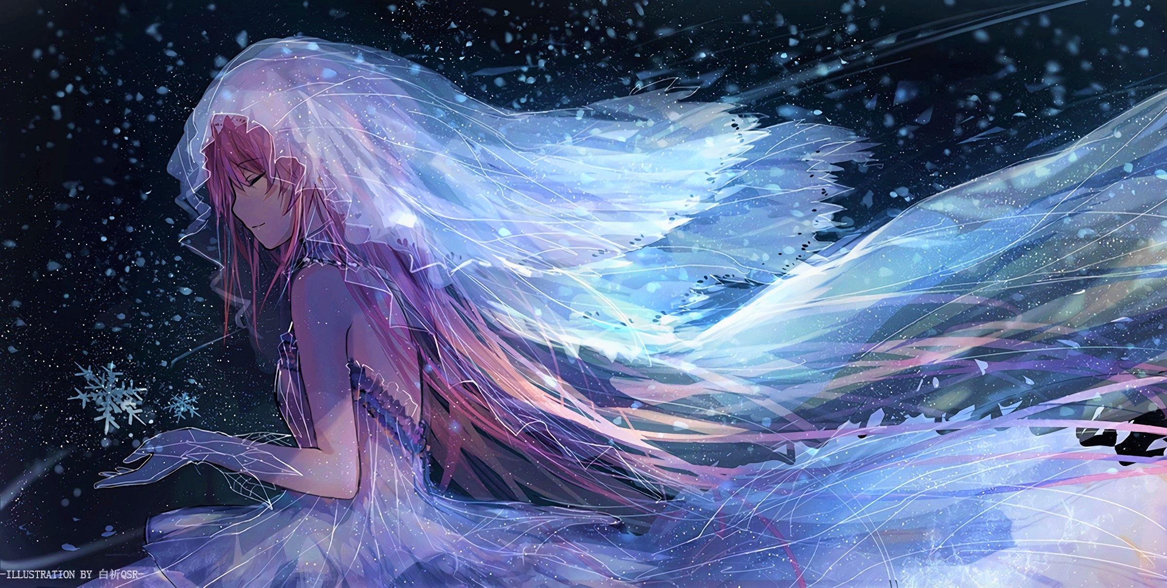 fond d'écran d'hiver anime,oeuvre de cg,ciel,personnage fictif,illustration,espace