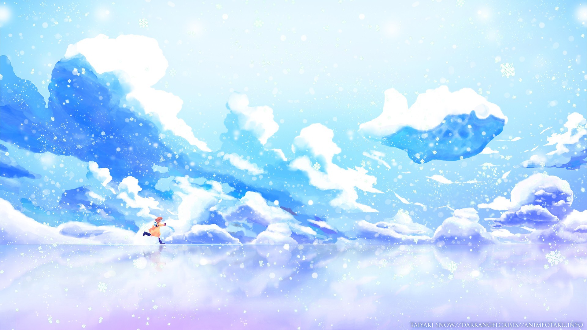애니메이션 겨울 벽지,하늘,푸른,낮,구름,수채화 물감