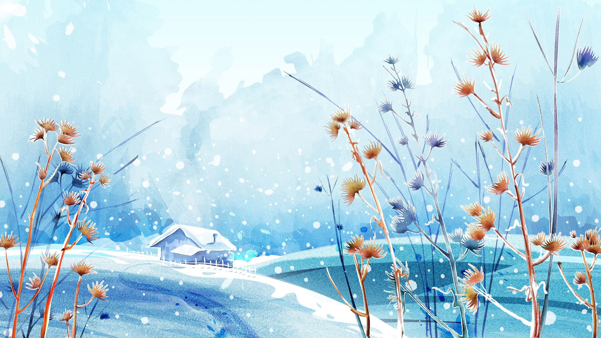 애니메이션 겨울 벽지,수채화 물감,하늘,식물,꽃,야생화