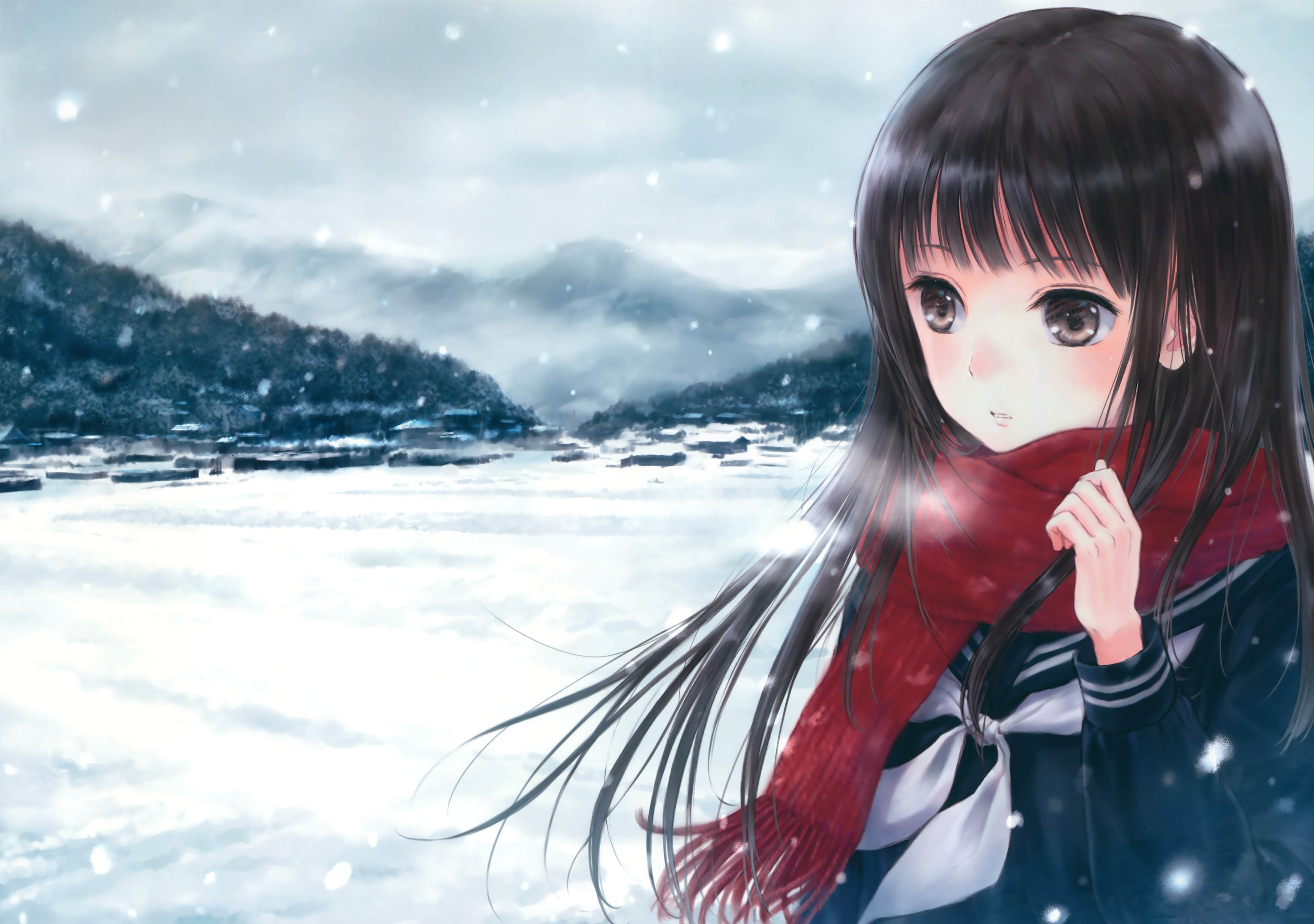 fond d'écran d'hiver anime,anime,oeuvre de cg,cheveux noirs,dessin animé,coupe hime