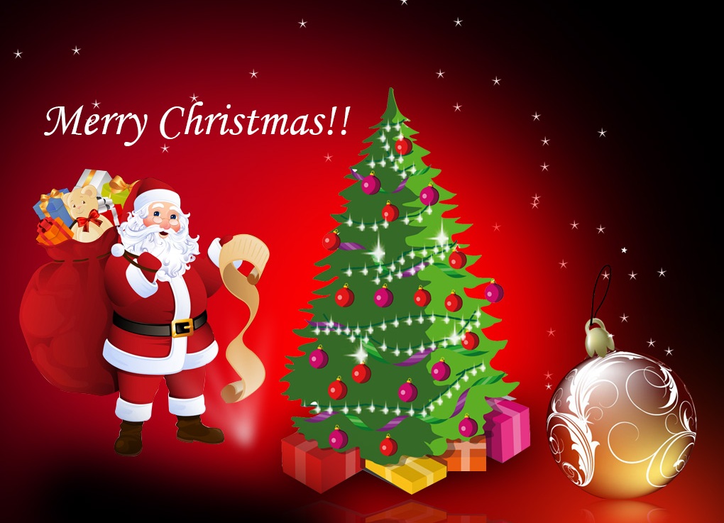 happy christmas day wallpaper,christmas,christmas tree,santa claus,christmas decoration,christmas ornament