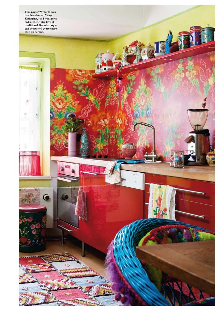 funky wallpapers for kitchens,room,pink,interior design,red,furniture