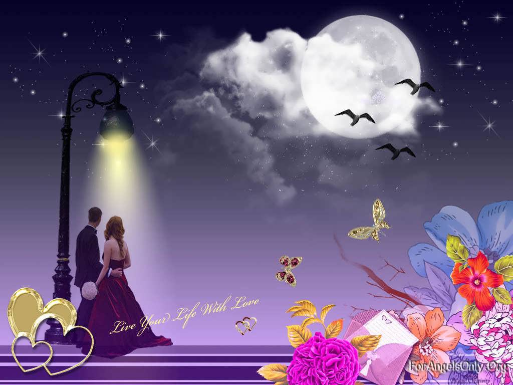 new romantic wallpaper,animated cartoon,sky,fictional character,animation,moon