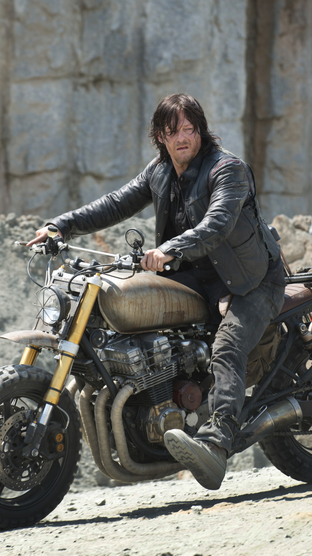 the walking dead daryl wallpaper,motorcycle,vehicle,motor vehicle,leather jacket,leather