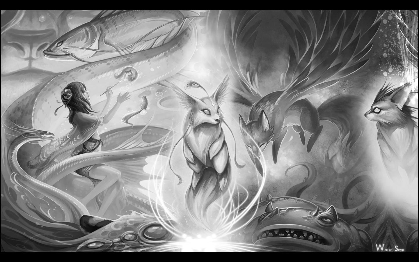 fond d'écran anime renard,oeuvre de cg,noir et blanc,illustration,art,personnage fictif