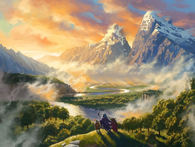 fantasy wallpaper,natural landscape,nature,mountainous landforms,mountain,painting