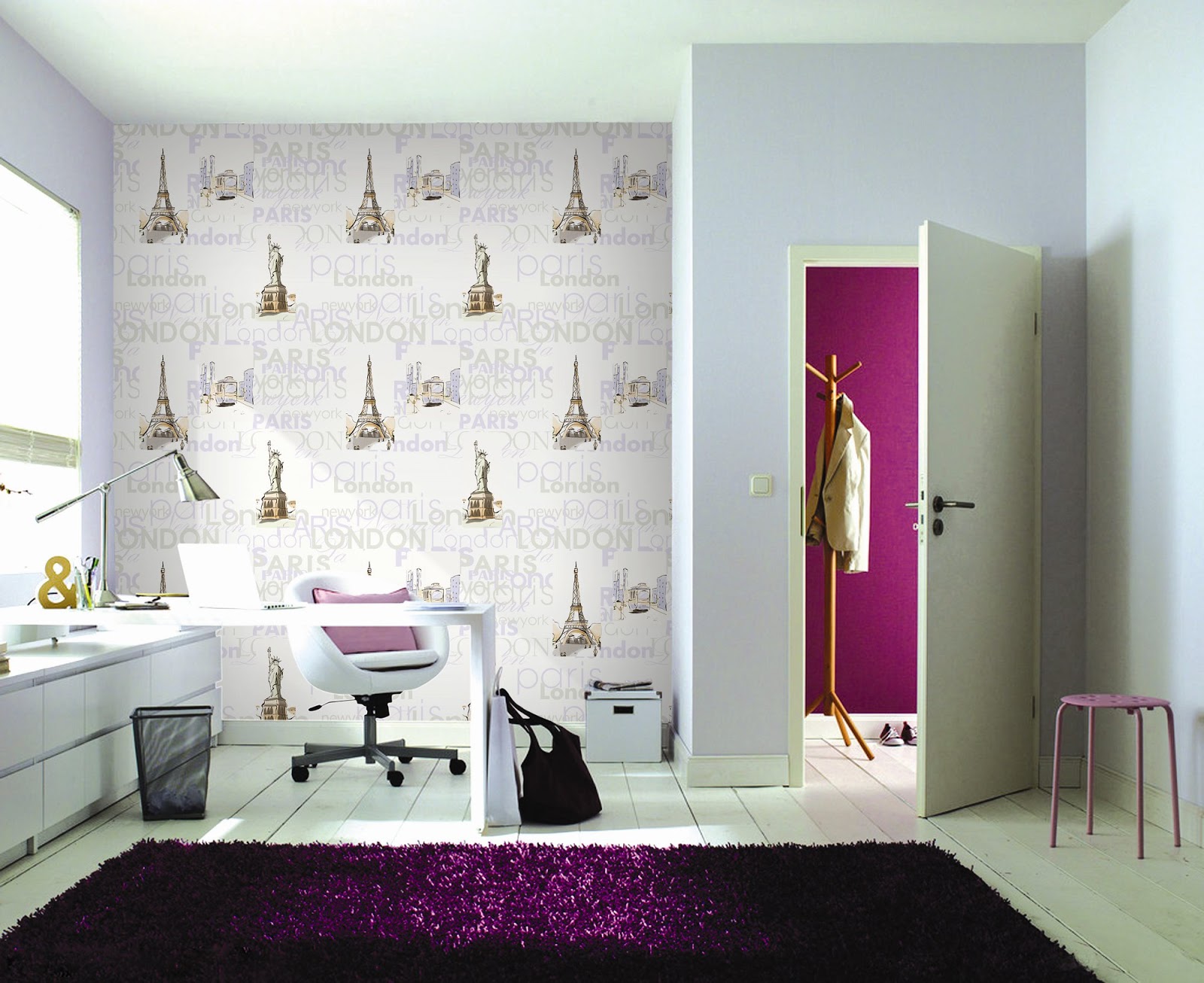 cara membuat wallpaper dinding dari kertas kado,room,purple,interior design,violet,furniture