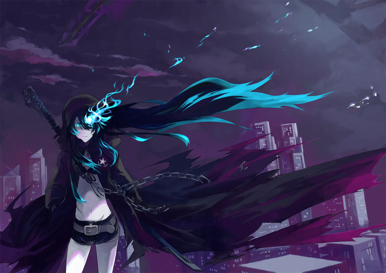 black rock shooter wallpaper,cg artwork,anime,fictional character,graphic design,black hair