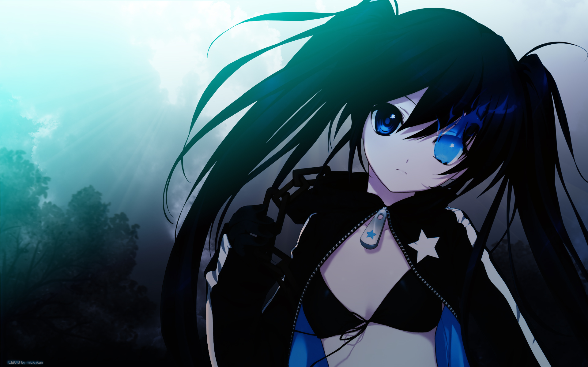 fondo de pantalla de black rock shooter,anime,dibujos animados,cg artwork,cabello negro,cielo