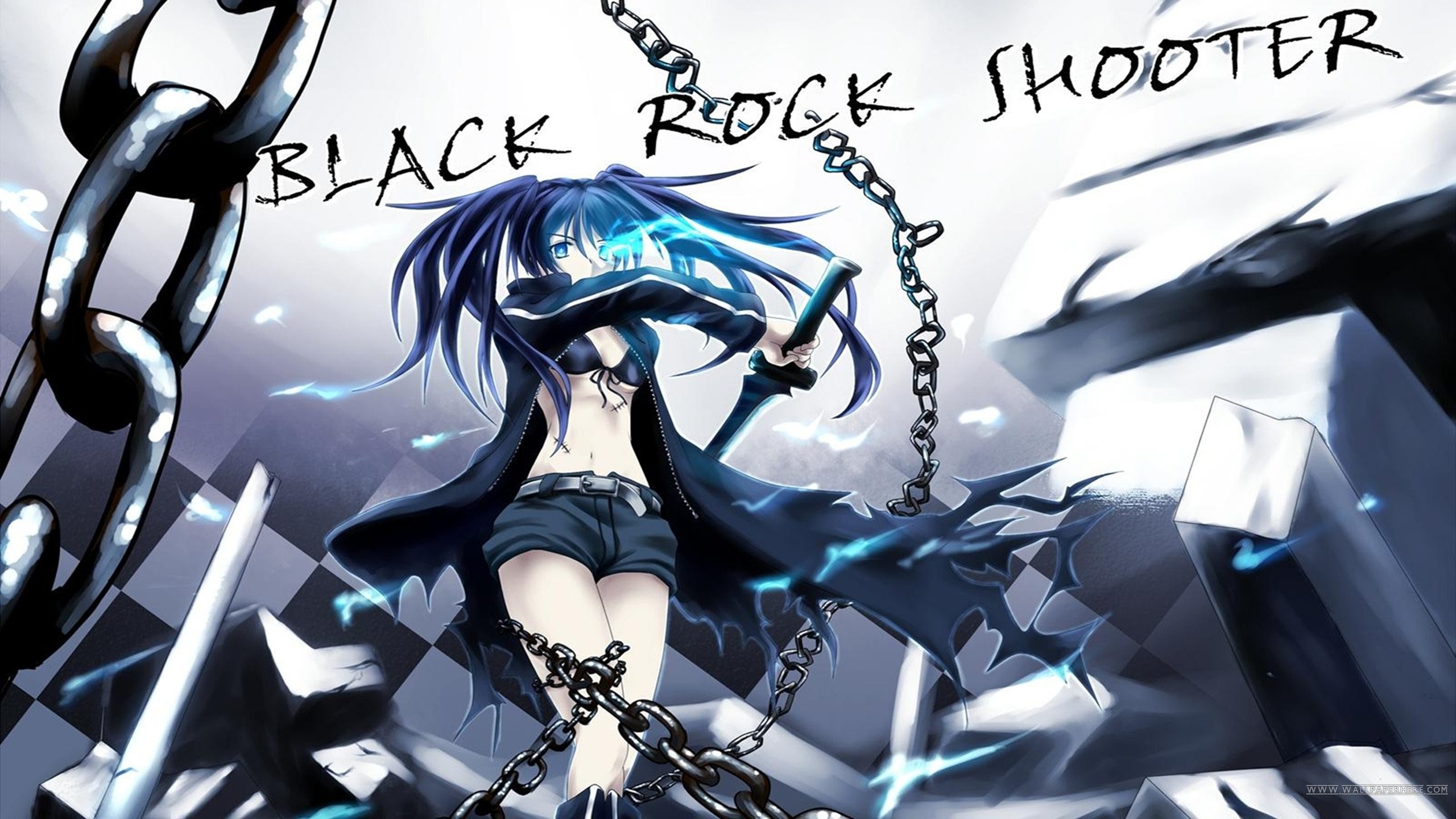 fondo de pantalla de black rock shooter,dibujos animados,cg artwork,anime,cabello negro,diseño gráfico