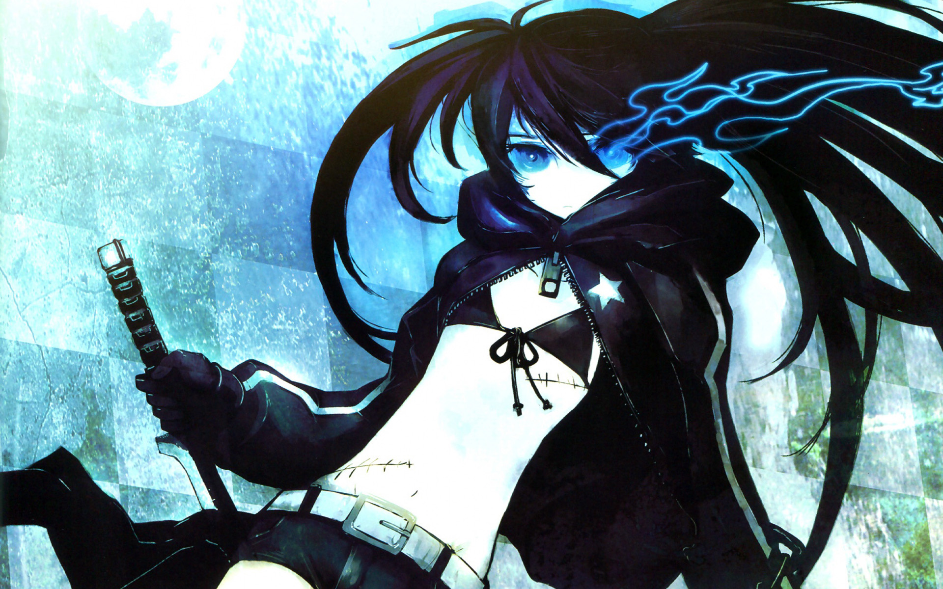 black rock shooter wallpaper,cg kunstwerk,anime,karikatur,erfundener charakter,schwarzes haar