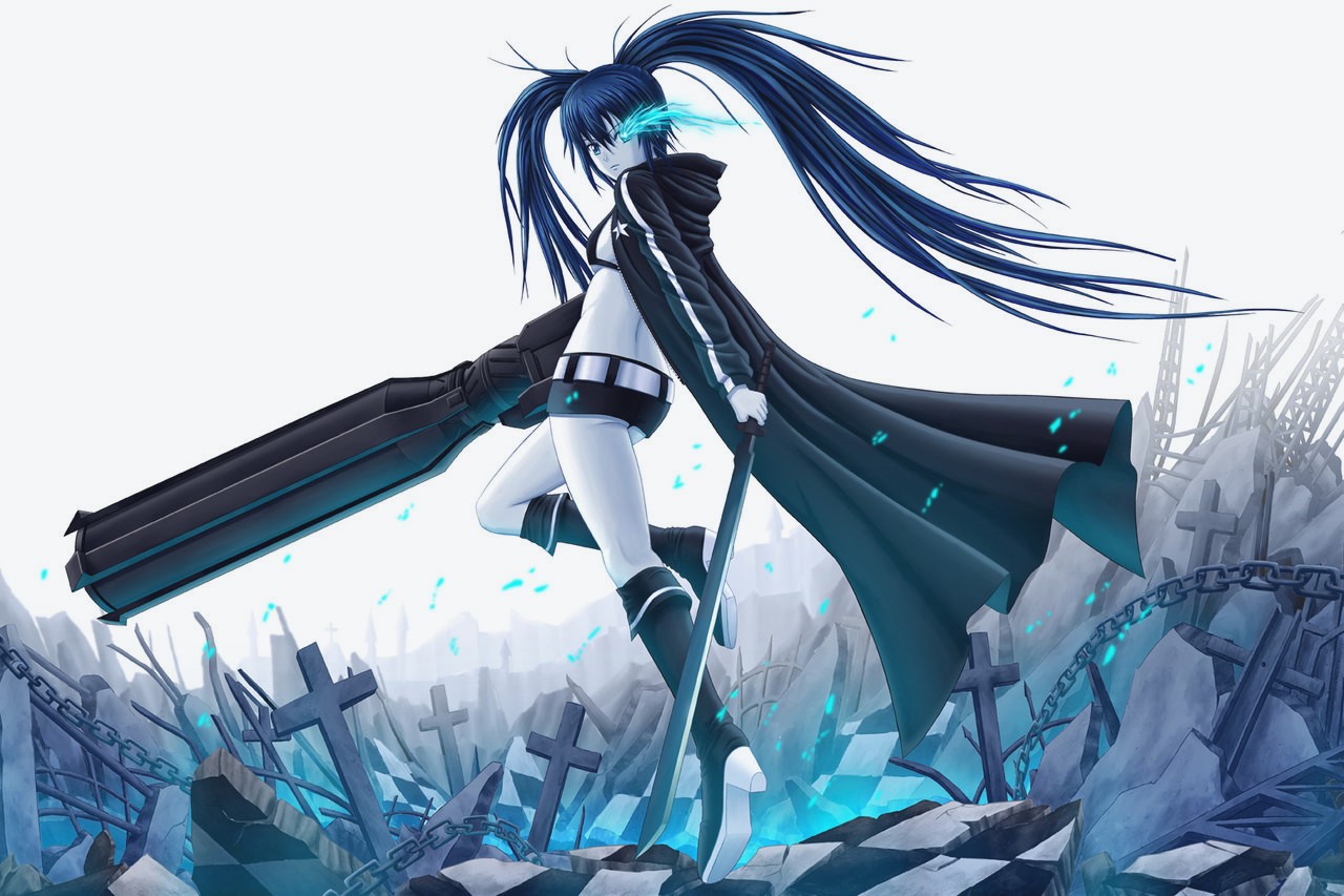 black rock shooter wallpaper,cg artwork,anime,illustration,black hair,long hair