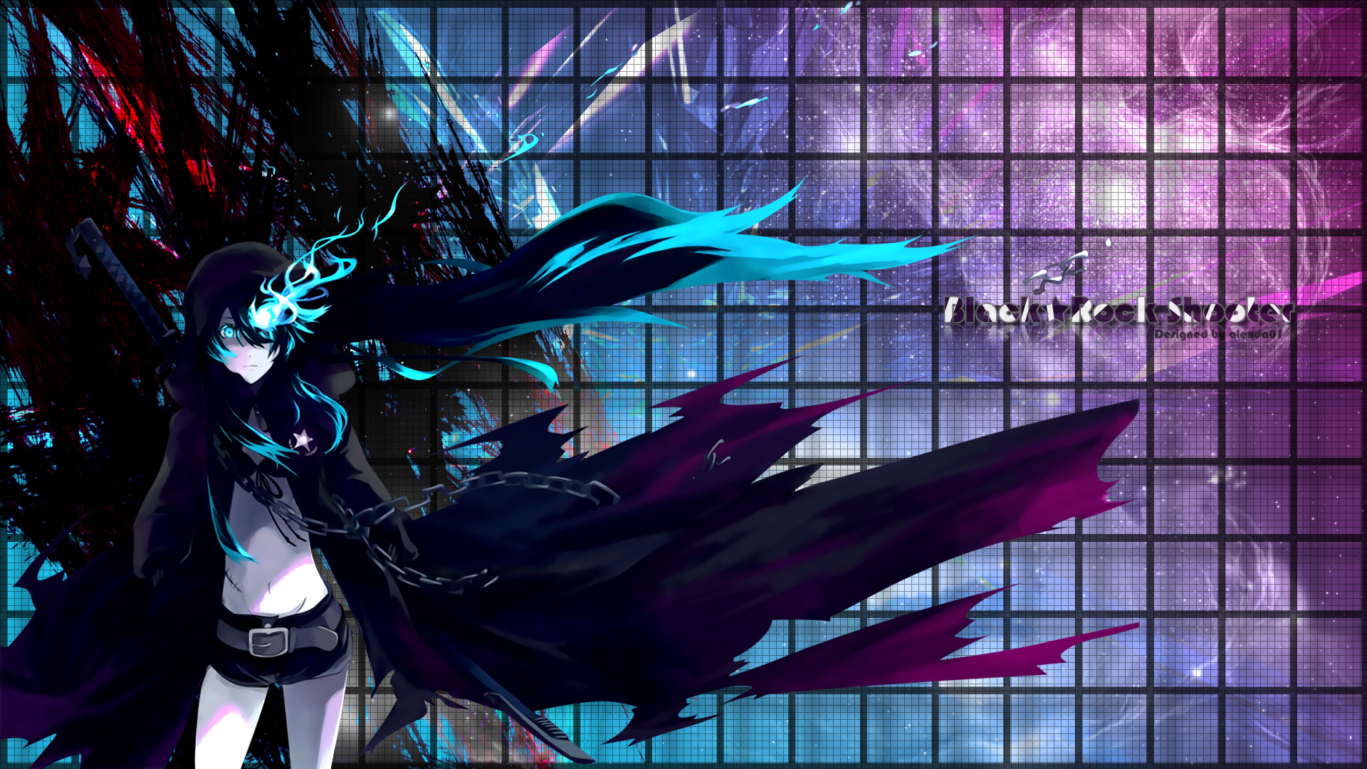 black rock shooter wallpaper,cg artwork,purple,fictional character,graphic design,anime