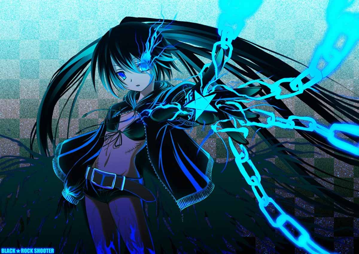 fondo de pantalla de black rock shooter,azul,dibujos animados,anime,cg artwork,diseño gráfico
