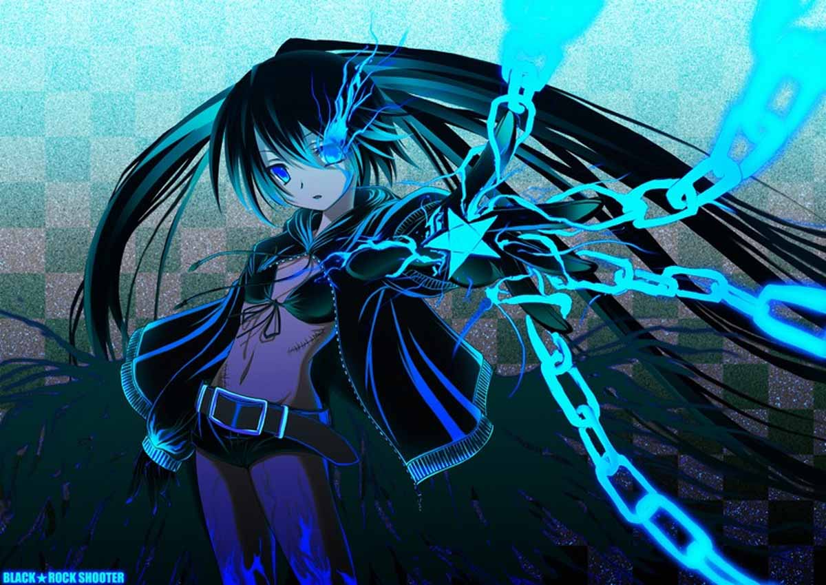 fond d'écran noir rock shooter,bleu,dessin animé,anime,oeuvre de cg,conception graphique