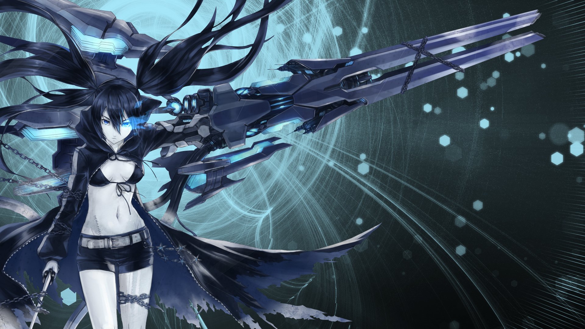 black rock shooter wallpaper,cg artwork,black hair,anime,fictional character,long hair