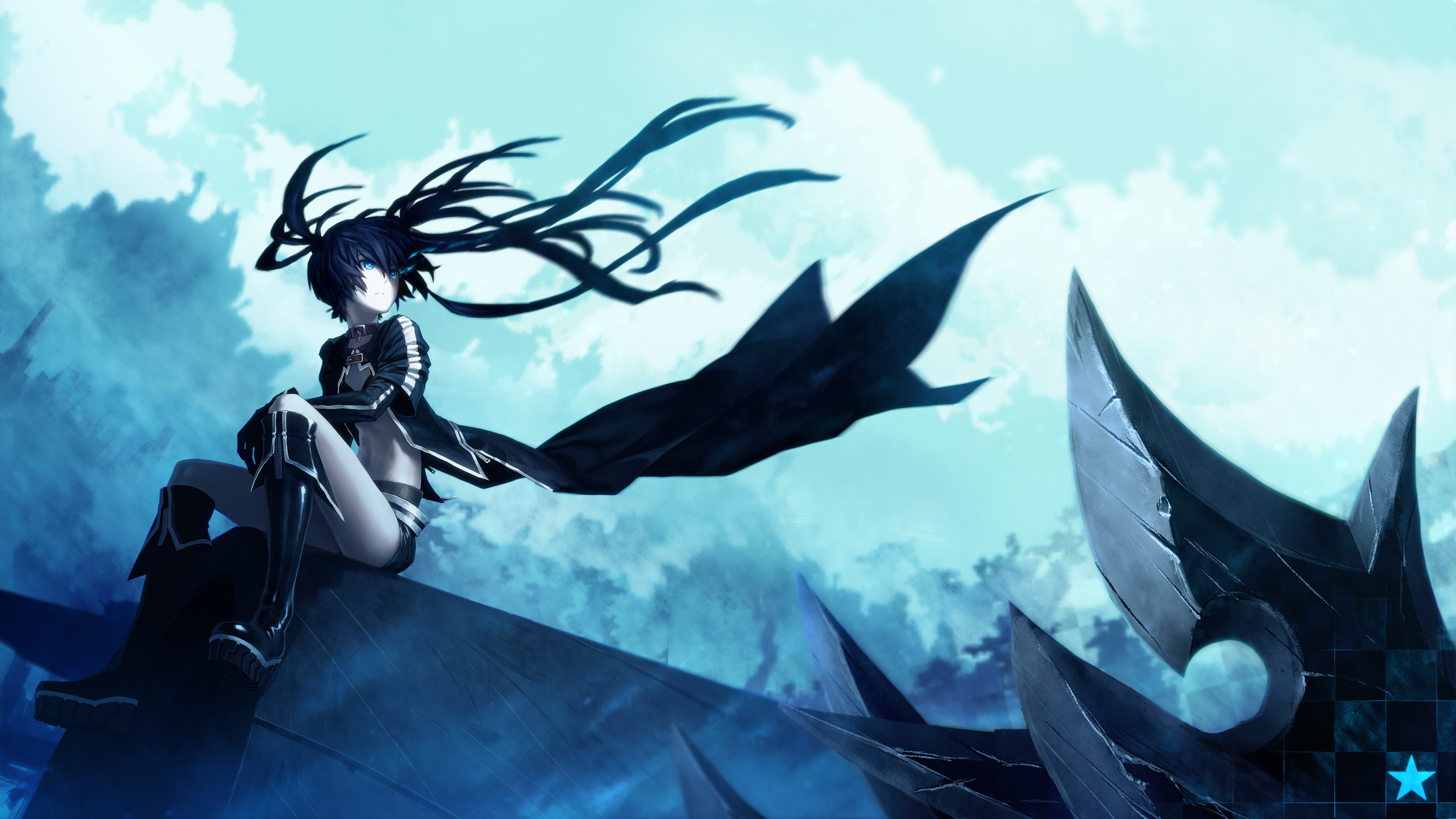 black rock shooter wallpaper,cg kunstwerk,anime,erfundener charakter,schwarzes haar,animierter cartoon