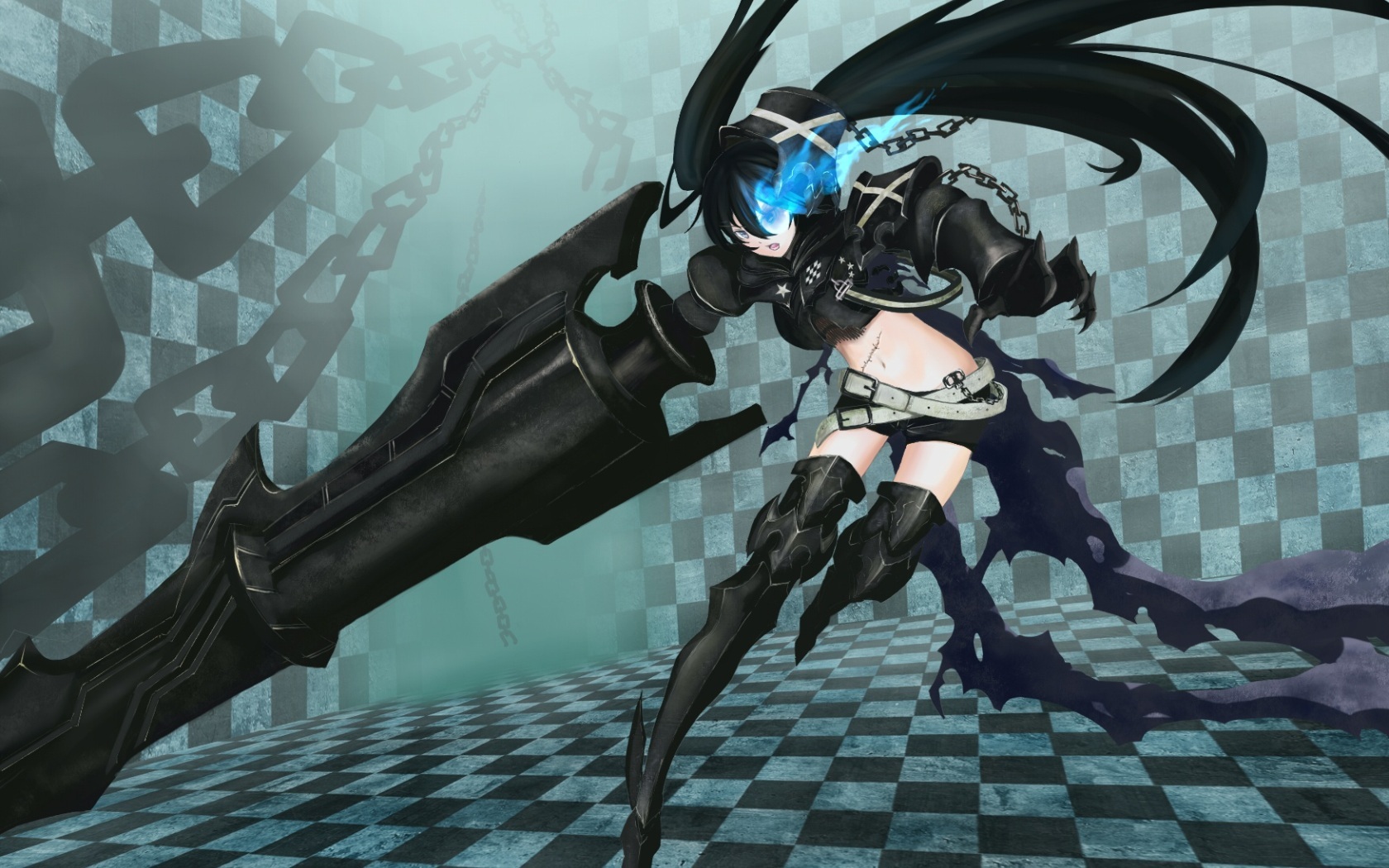 black rock shooter wallpaper,cg artwork,anime,black hair,illustration,fictional character