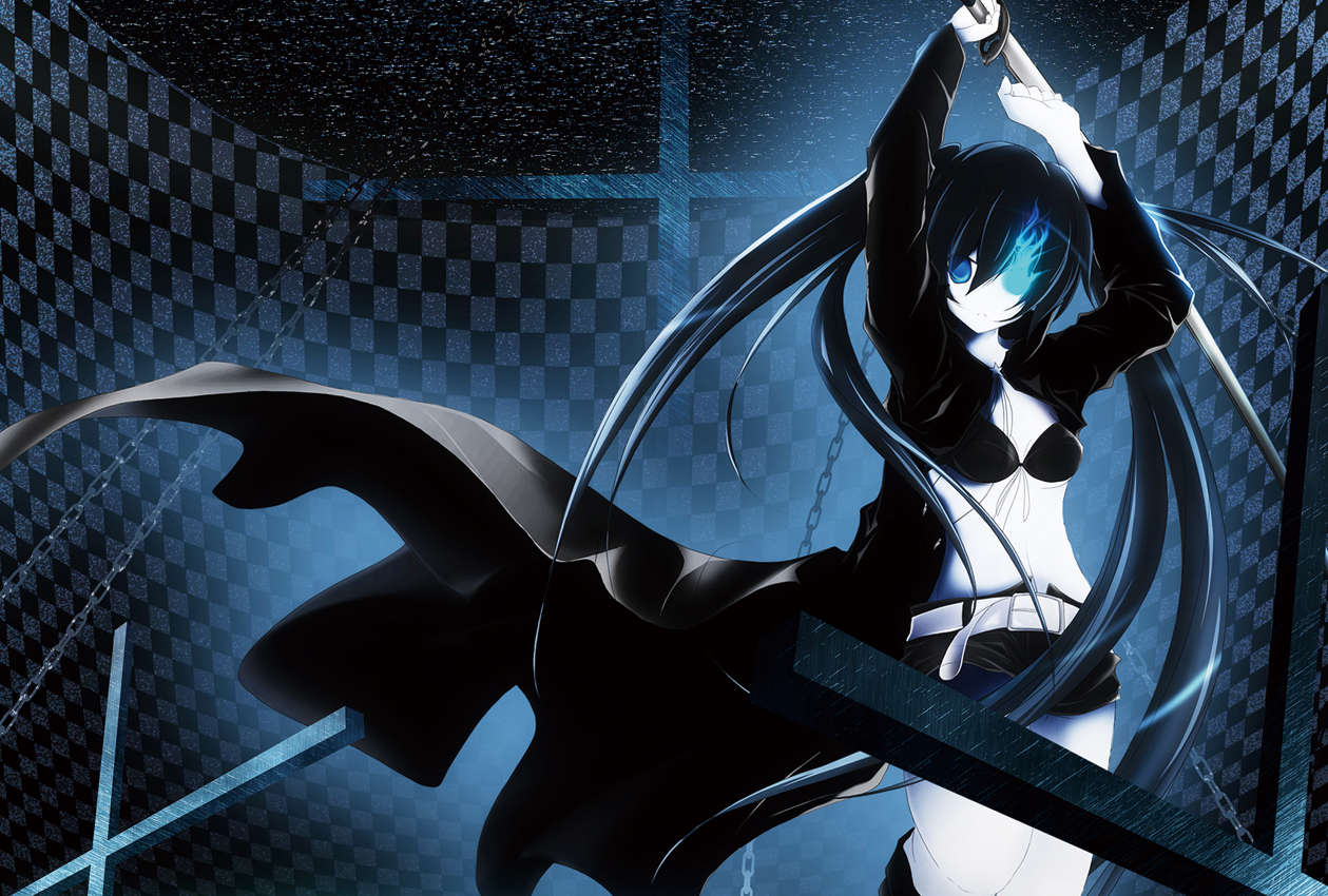 fondo de pantalla de black rock shooter,cabello negro,cg artwork,anime,personaje de ficción,oscuridad