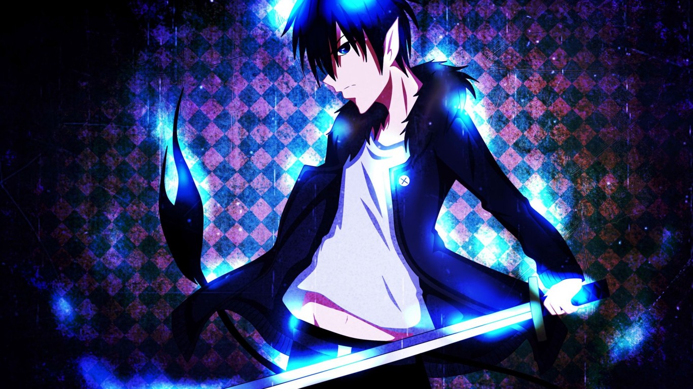 fondo de pantalla azul exorcista,anime,dibujos animados,cg artwork,cabello negro,personaje de ficción