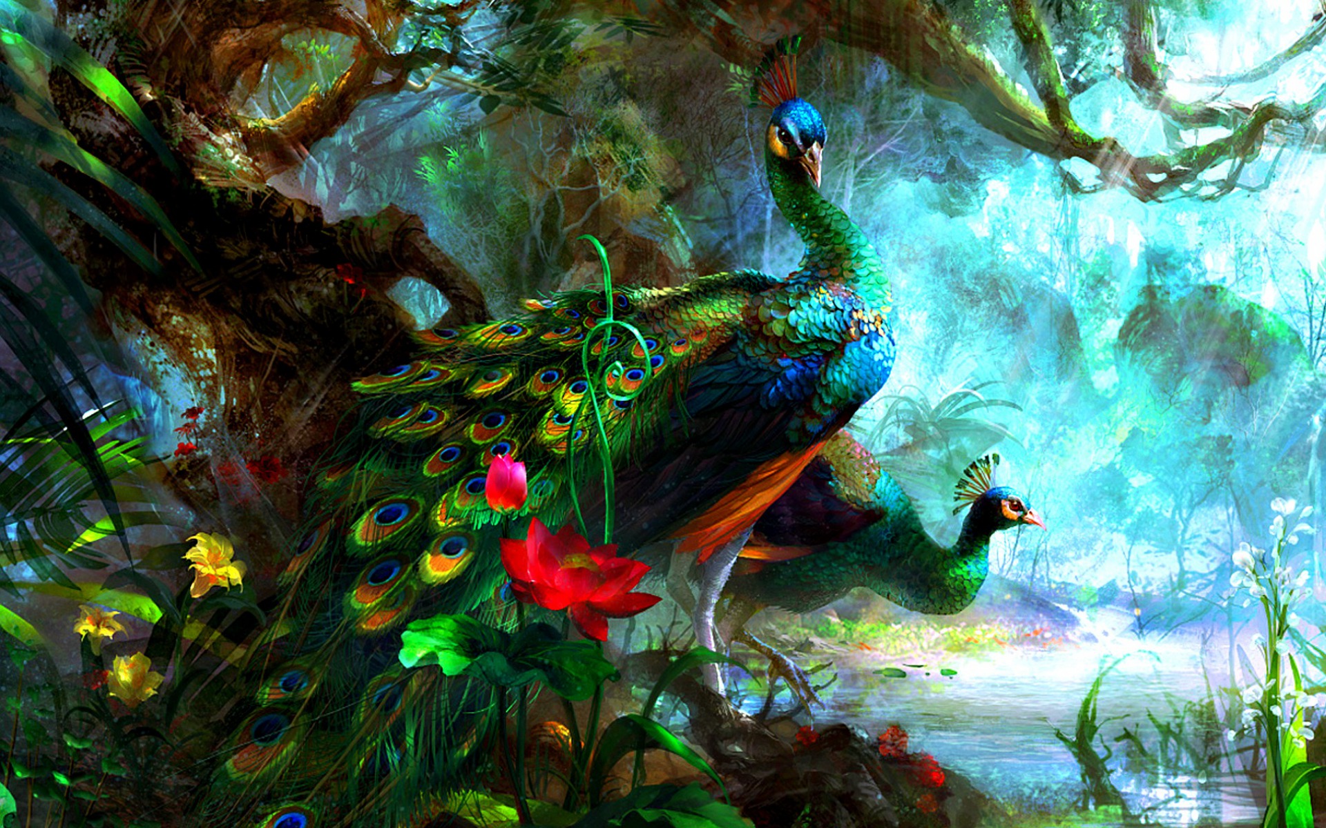 fondos de pantalla tapeten,pfau,vogel,baum,gemälde,illustration