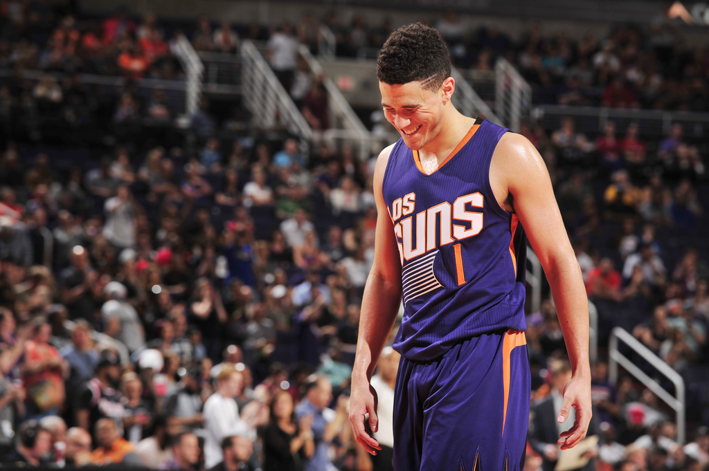 papier peint devin booker,des sports,joueur de basketball,mouvements de basket ball,joueur,jersey