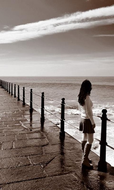 sad or alone mobile wallpapers,photograph,water,standing,black and white,pier