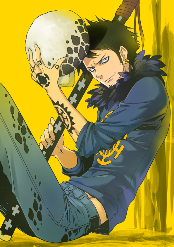 one piece trafalgar law wallpaper,cartoon,yellow,illustration,anime,fictional character