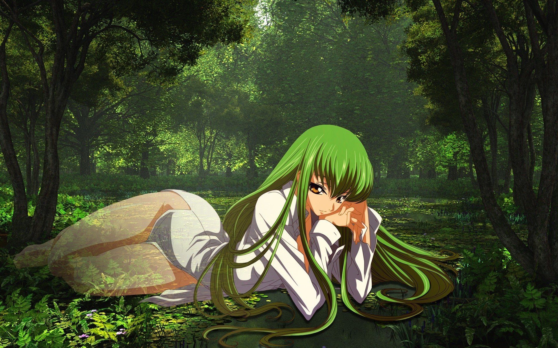 green anime wallpaper,green,cartoon,anime,natural environment,illustration