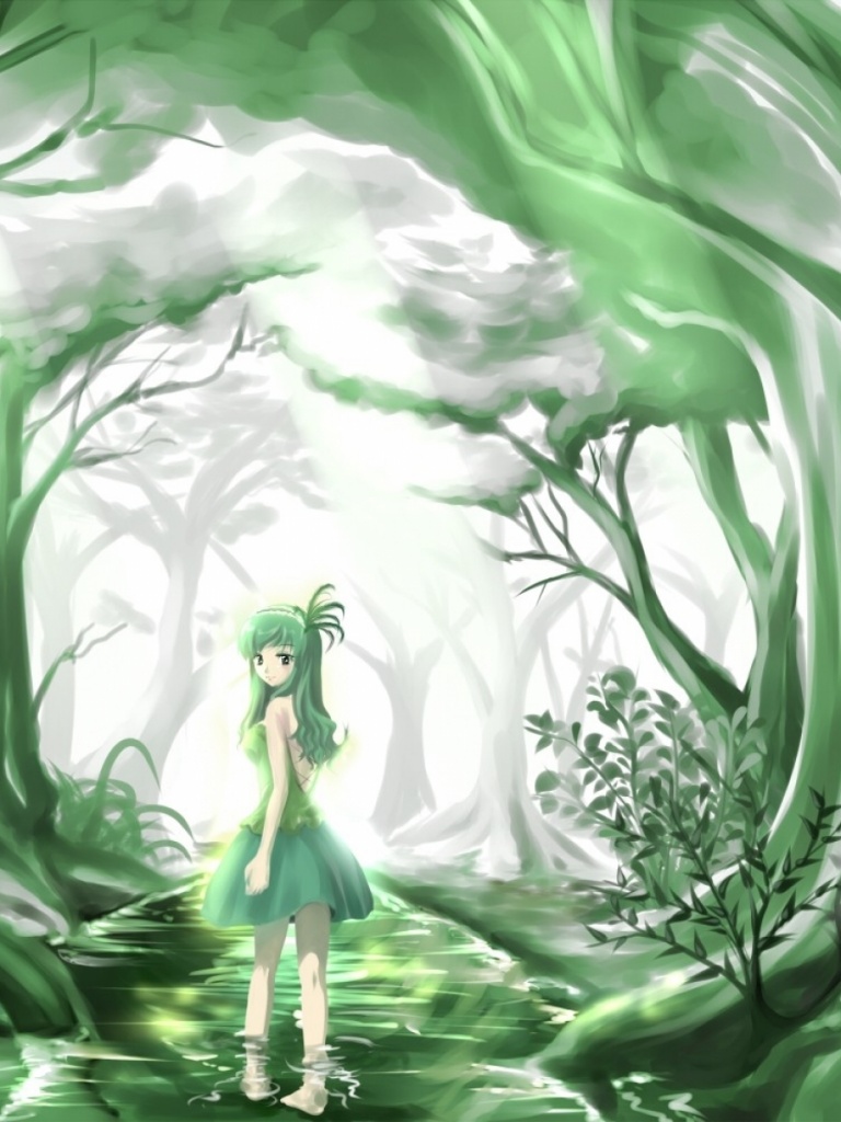 green anime wallpaper,green,vegetation,cg artwork,natural environment,fictional character