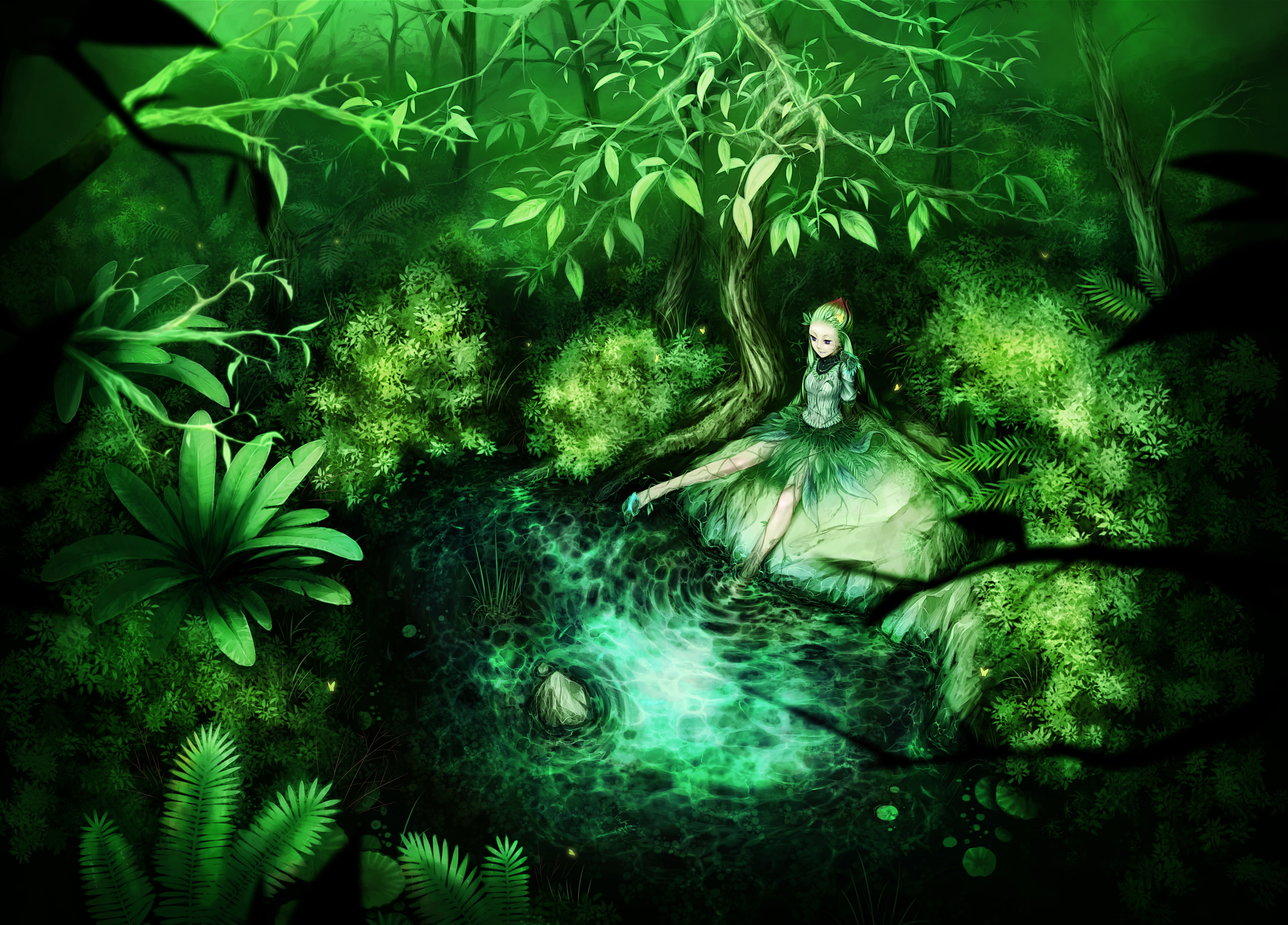 green anime wallpaper,green,nature,vegetation,jungle,natural environment