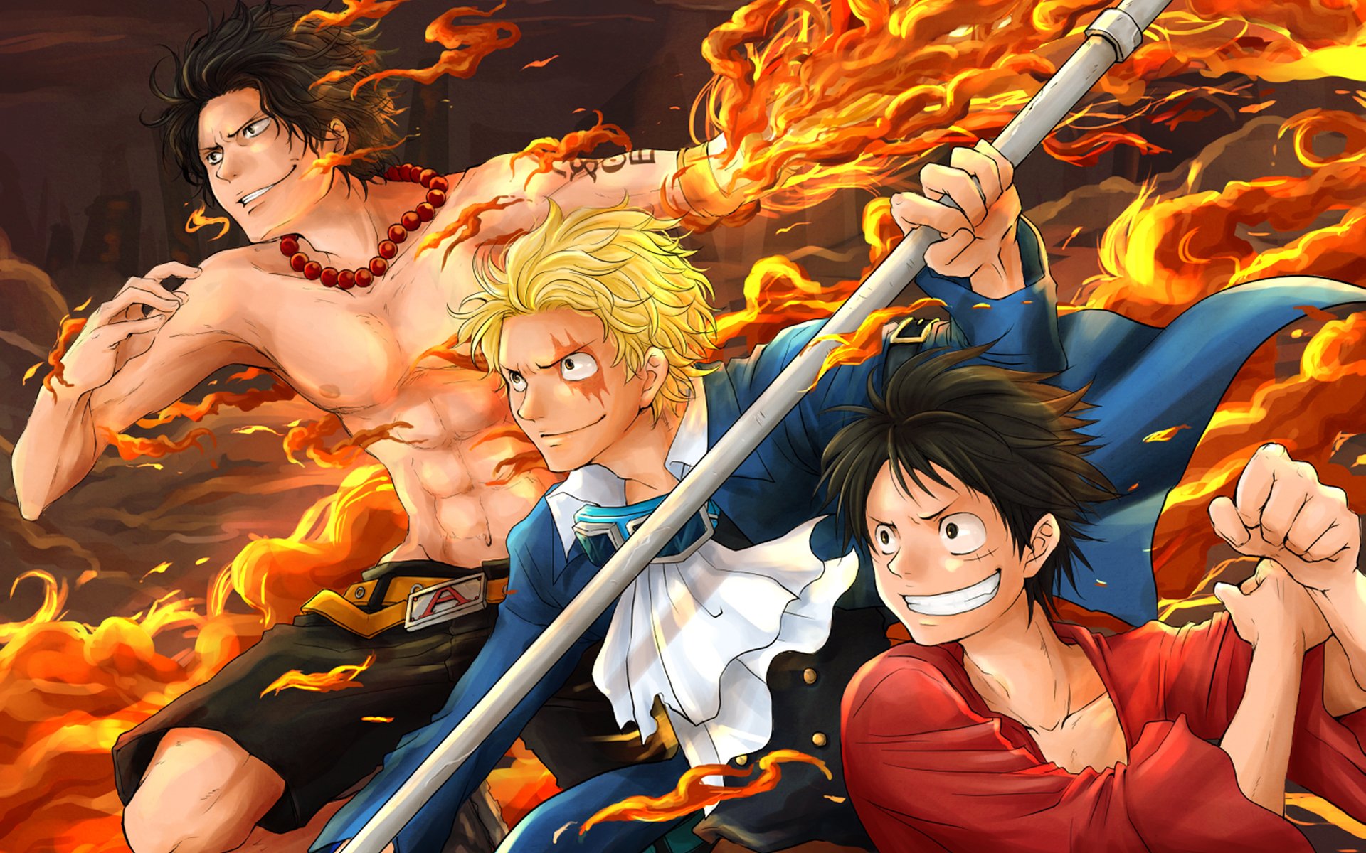 ace sabo luffy wallpaper,anime,cg artwork,cartoon,hero,mythology