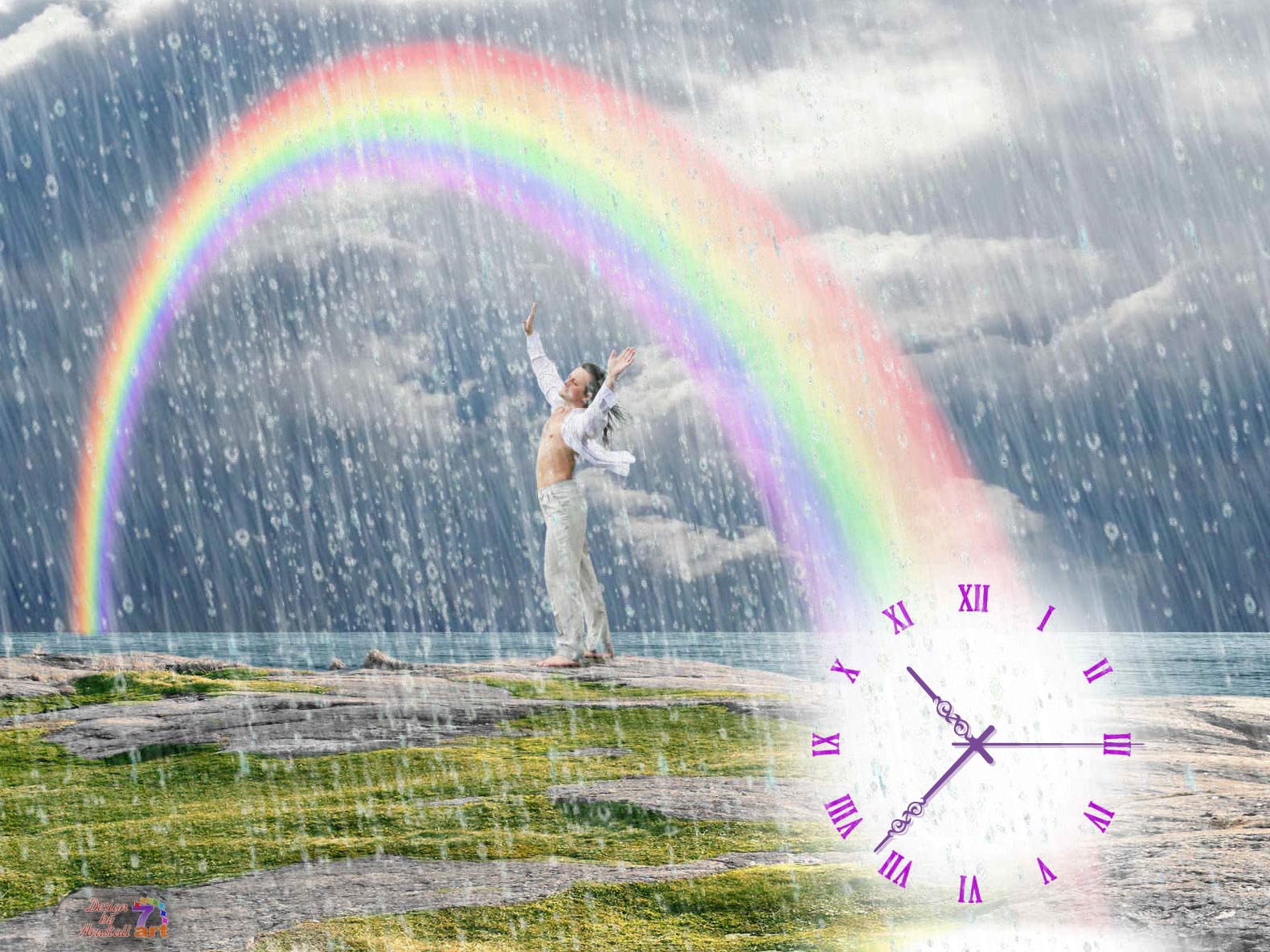 running clock wallpaper for desktop,rainbow,sky,meteorological phenomenon,fictional character,landscape